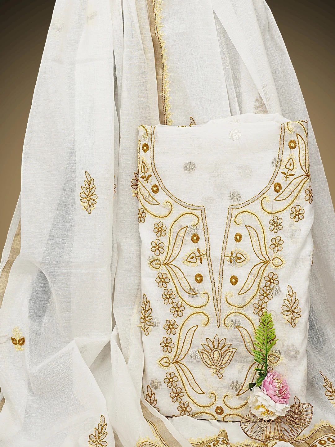 Ada Hand Embroidered White Chanderi Lucknowi Chikankari Unstitched Kurta Dupatta Set 01A787536