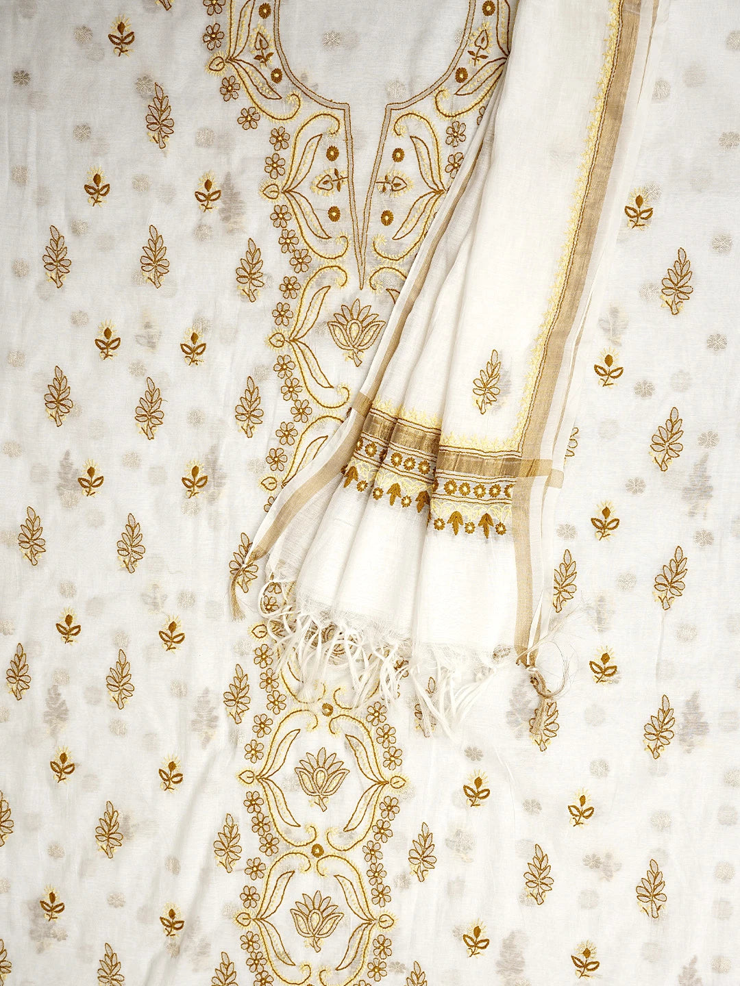 Ada Hand Embroidered White Chanderi Lucknowi Chikankari Unstitched Kurta Dupatta Set 01A787536