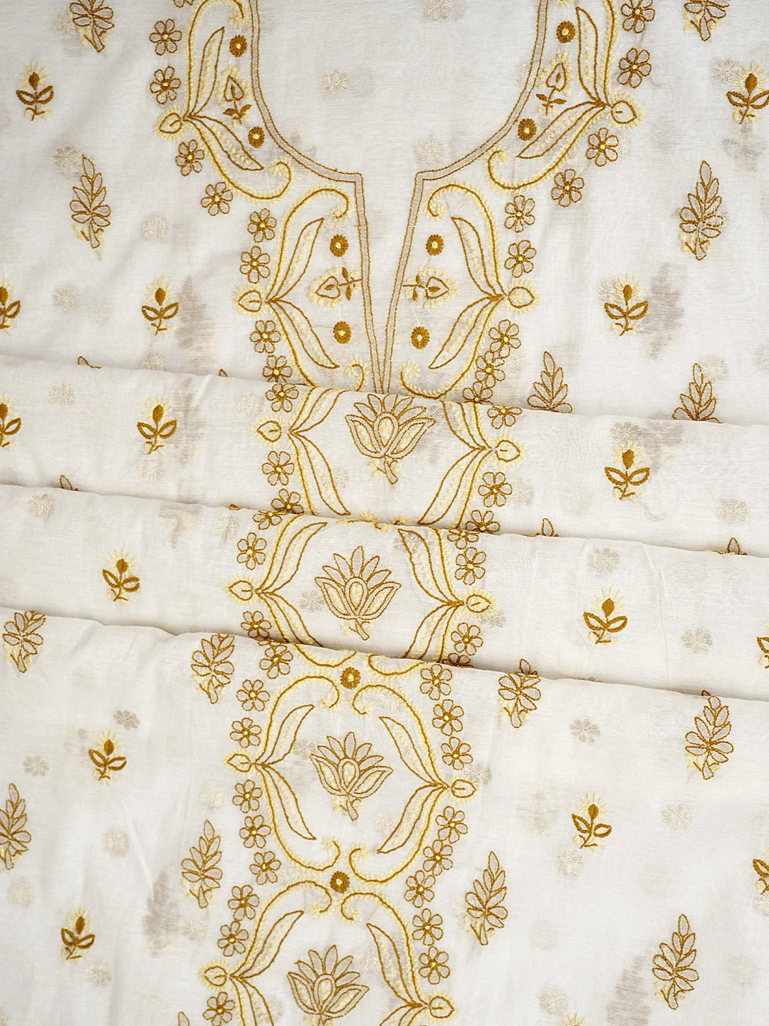 Ada Hand Embroidered White Chanderi Lucknowi Chikankari Unstitched Kurta Dupatta Set 01A787536