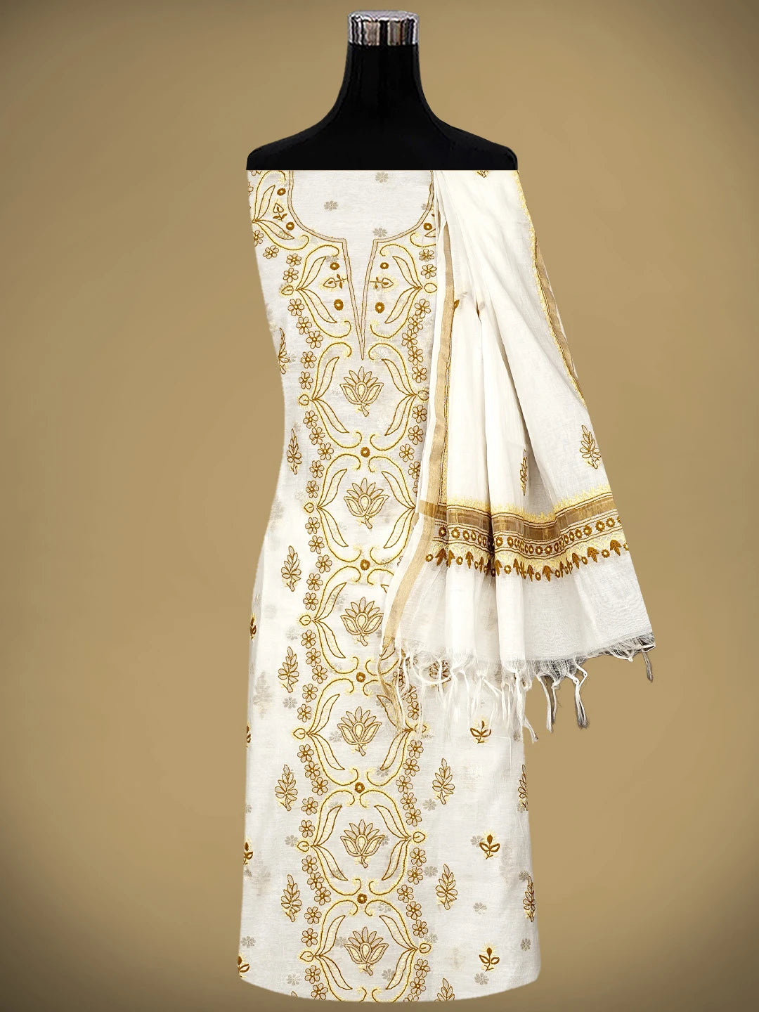 Ada Hand Embroidered White Chanderi Lucknowi Chikankari Unstitched Kurta Dupatta Set 01A787536
