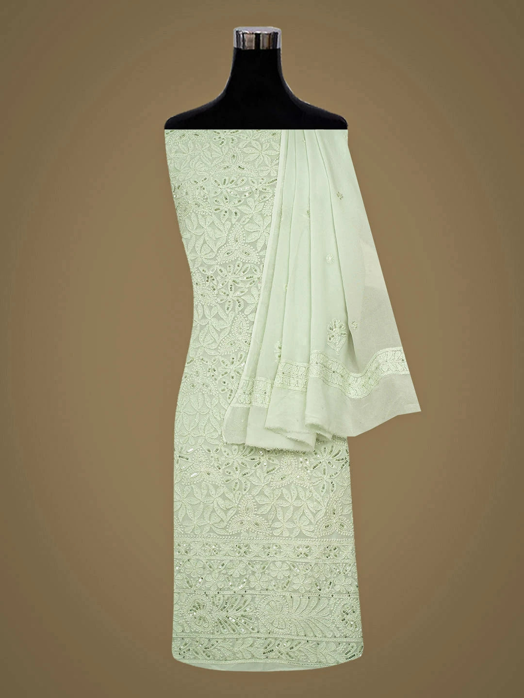 Ada Hand Embroidered Celadon Green Viscose Georgette Lucknowi Chikankari Unstitched Kurta Dupatta Set With Sequinned Work 01A307753