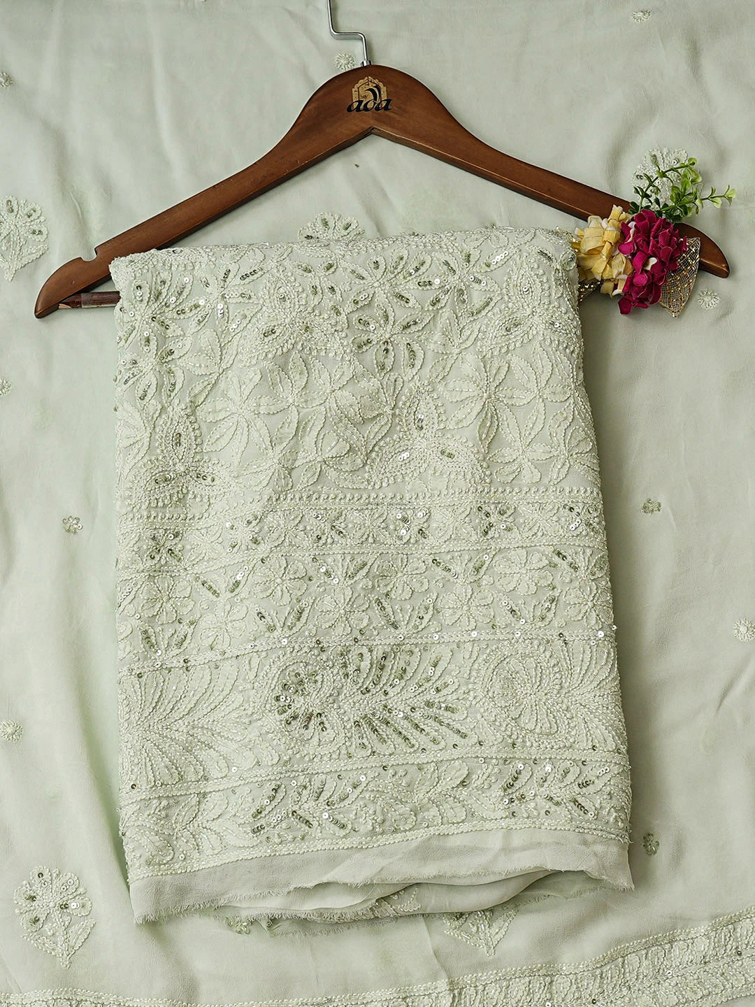 Ada Hand Embroidered Celadon Green Viscose Georgette Lucknowi Chikankari Unstitched Kurta Dupatta Set With Sequinned Work 01A307753