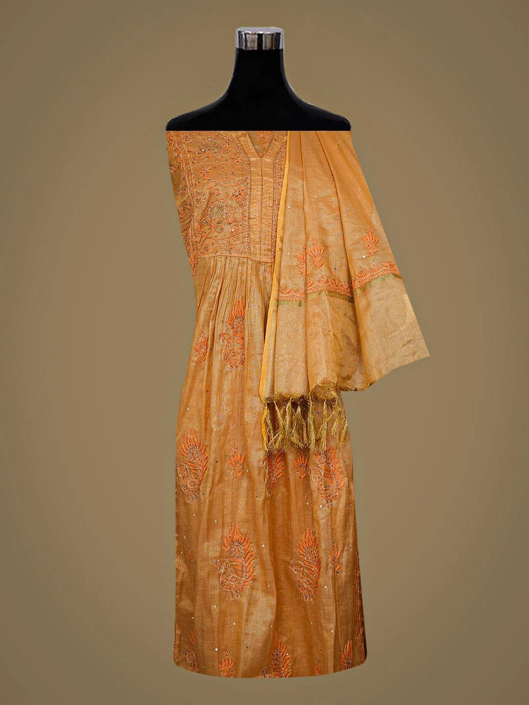 Ada Hand Embroidered Toaasted Almond Orange Tissue Lucknowi Chikankari Semi-stitched Anarkali Kurta Dupatta Set with Cutdana Work  01A904471