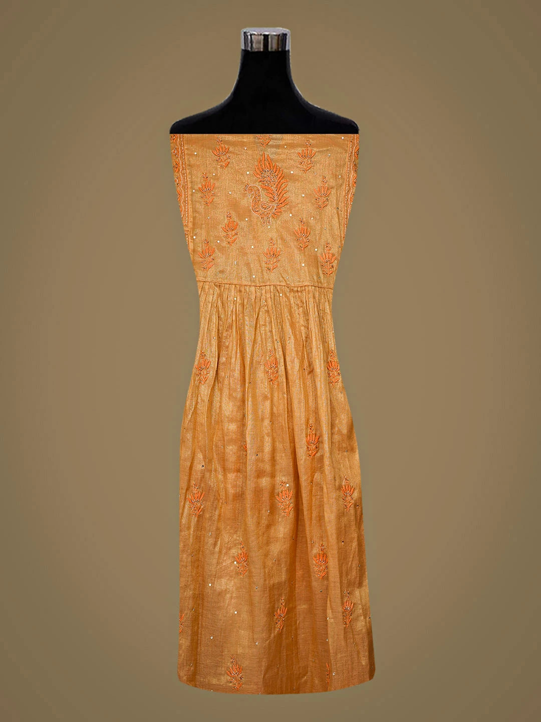 Ada Hand Embroidered Toaasted Almond Orange Tissue Lucknowi Chikankari Semi-stitched Anarkali Kurta Dupatta Set with Cutdana Work  01A904471