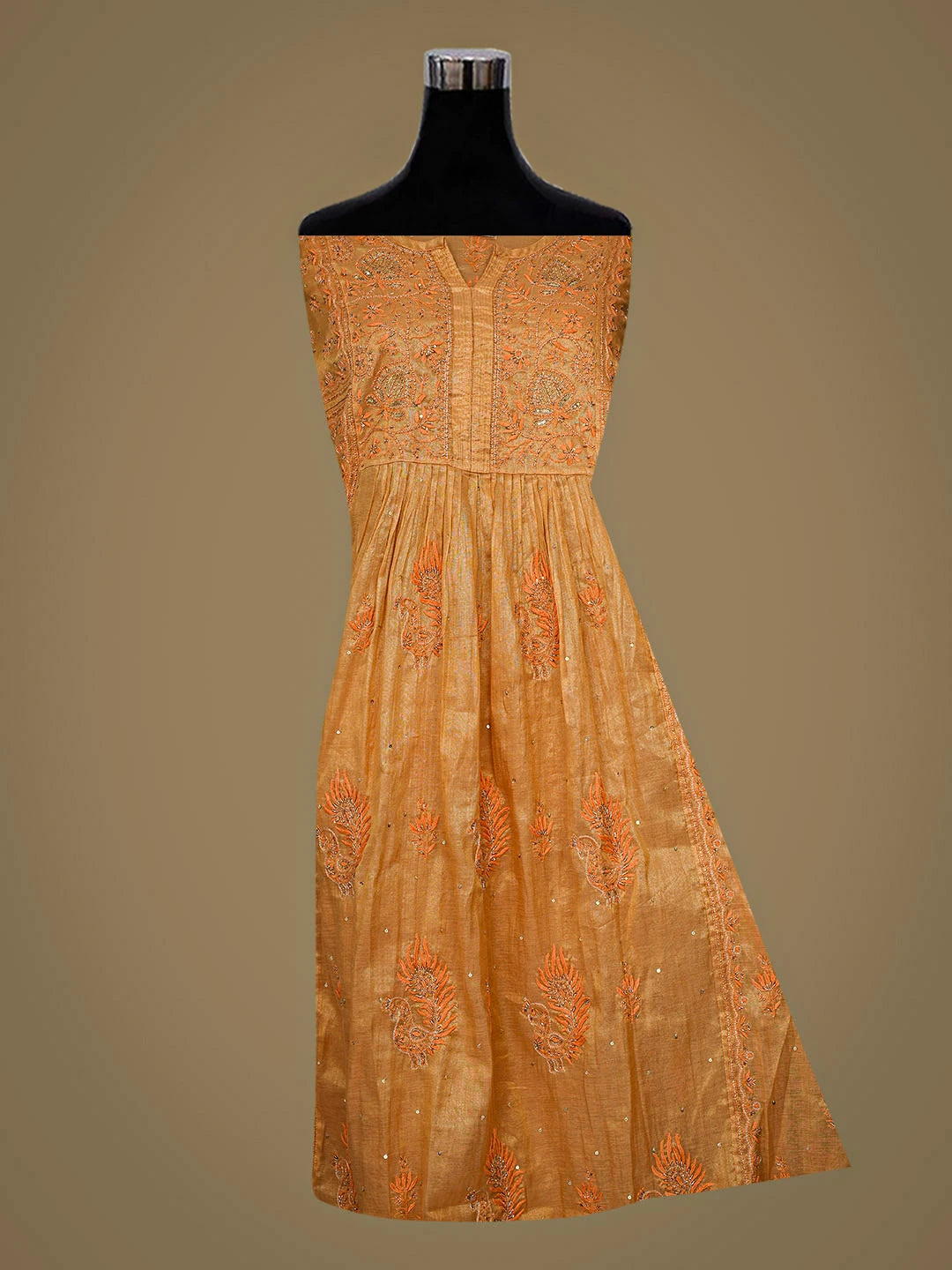 Ada Hand Embroidered Toaasted Almond Orange Tissue Lucknowi Chikankari Semi-stitched Anarkali Kurta Dupatta Set with Cutdana Work  01A904471