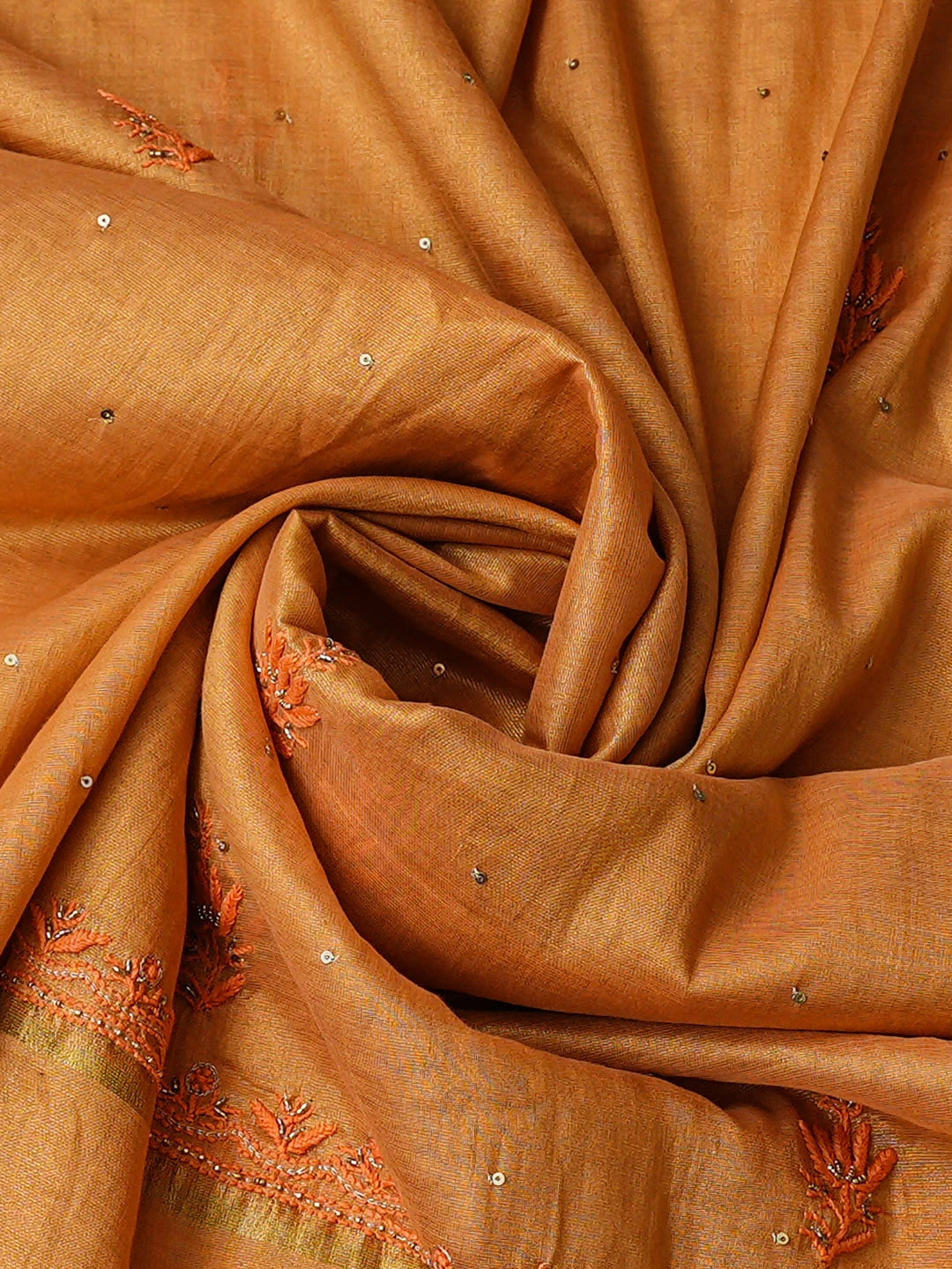 Ada Hand Embroidered Toaasted Almond Orange Tissue Lucknowi Chikankari Semi-stitched Anarkali Kurta Dupatta Set with Cutdana Work  01A904471