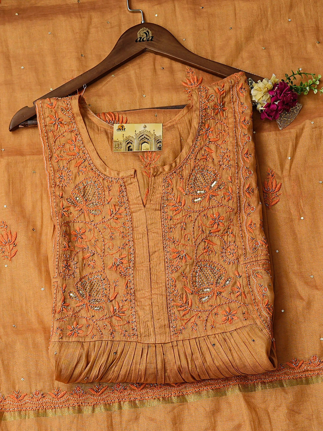 Ada Hand Embroidered Toaasted Almond Orange Tissue Lucknowi Chikankari Semi-stitched Anarkali Kurta Dupatta Set with Cutdana Work  01A904471