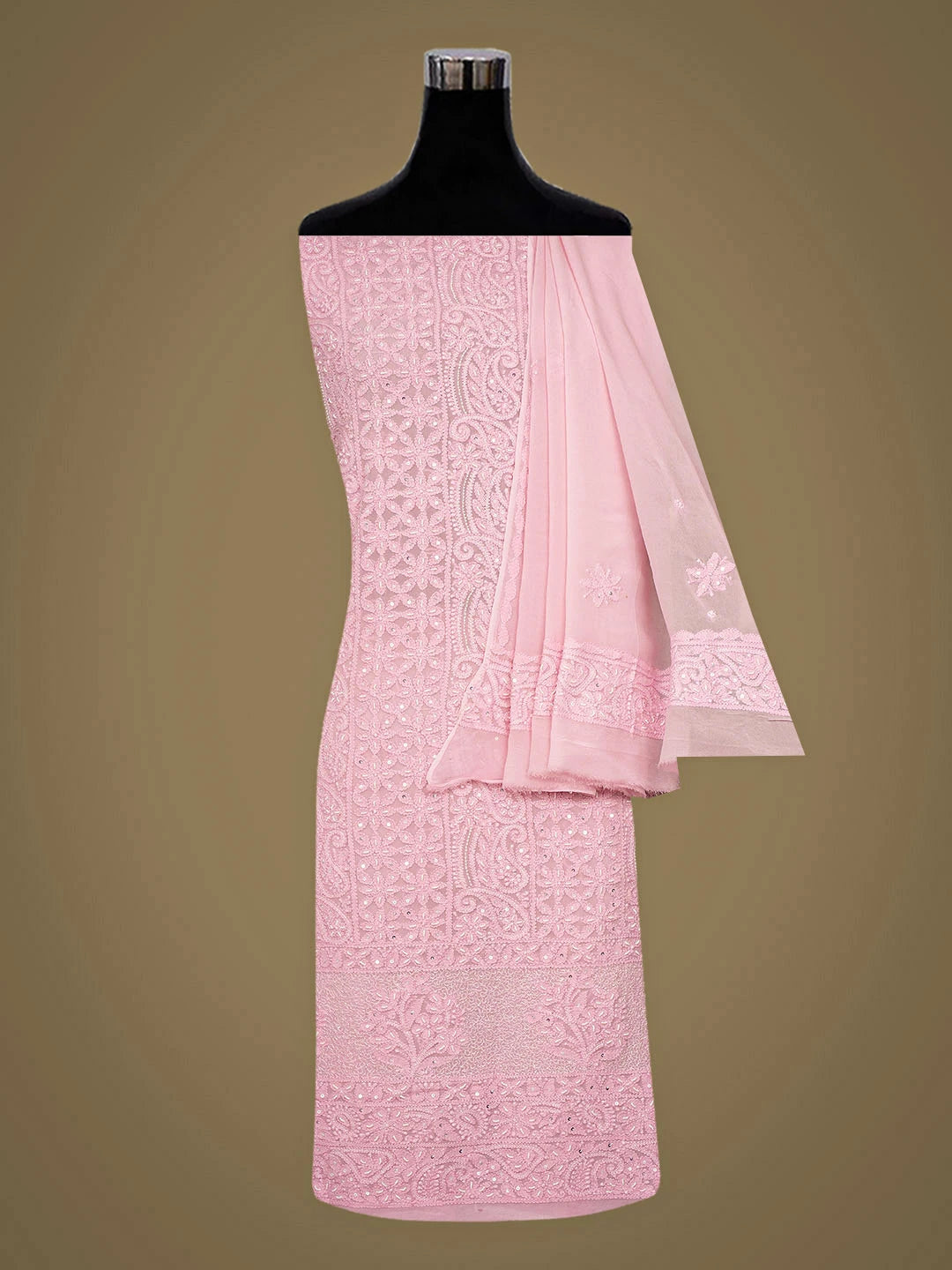 Ada Hand Embroidered Pink Viscose Georgette Lucknowi Chikankari Unstitched Kurta Dupatta Set With Pearl Work 01A957823