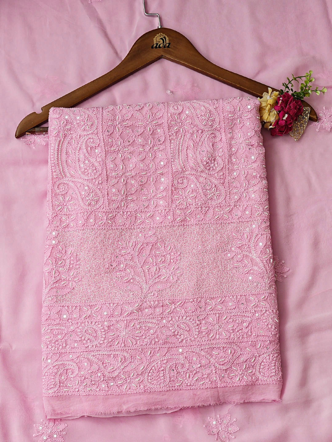 Ada Hand Embroidered Pink Viscose Georgette Lucknowi Chikankari Unstitched Kurta Dupatta Set With Pearl Work 01A957823