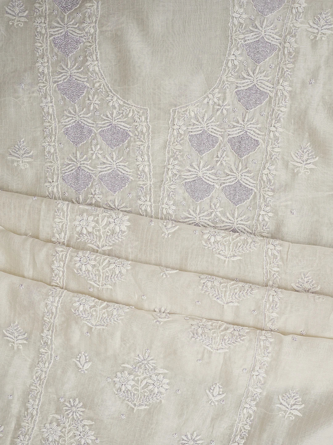 Ada Hand Embroidered White Chanderi Lucknowi Chikankari Unstitched Kurta Dupatta Set With Cutdana Work 01A897596