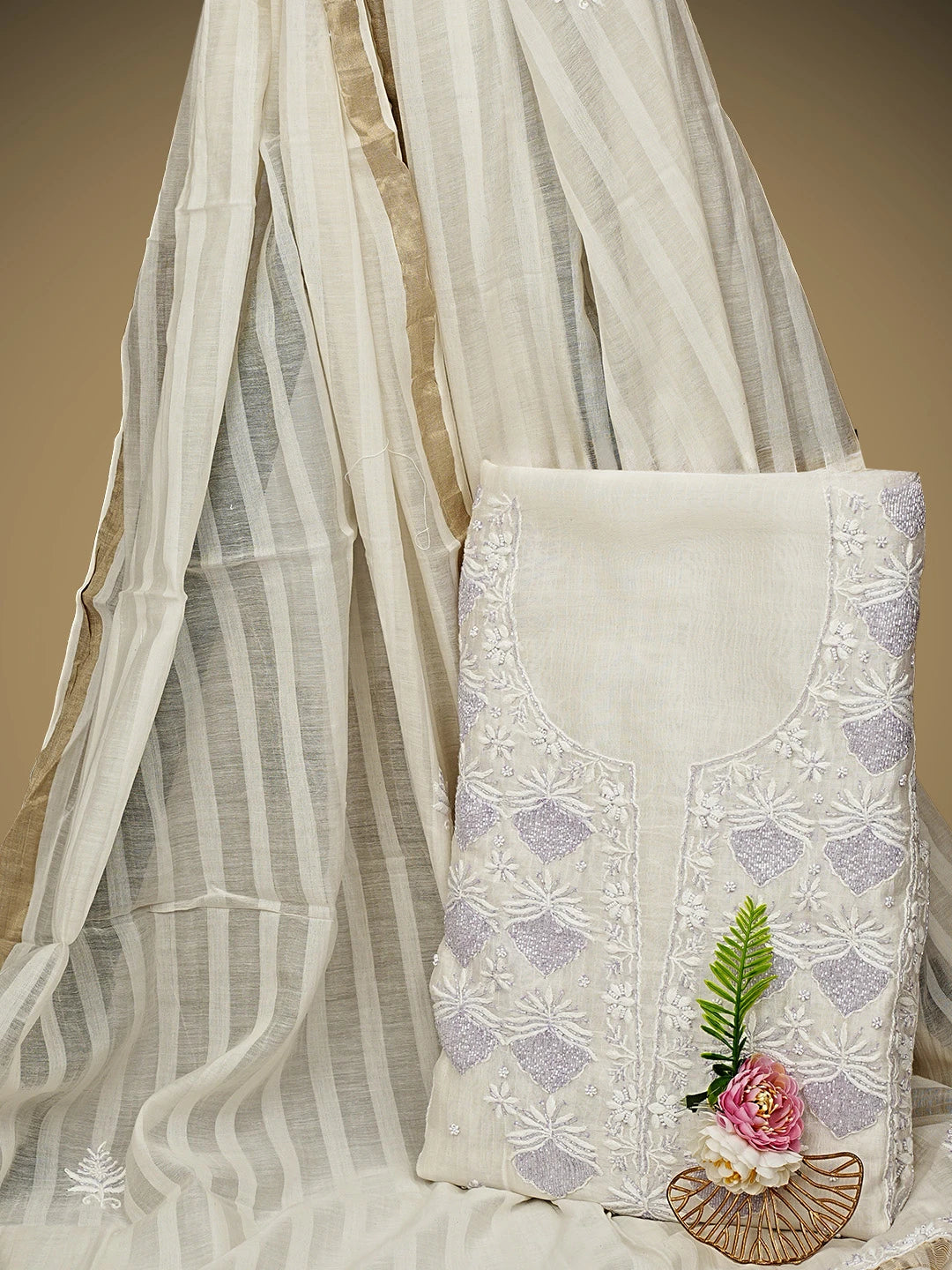 Ada Hand Embroidered White Chanderi Lucknowi Chikankari Unstitched Kurta Dupatta Set With Cutdana Work 01A897596