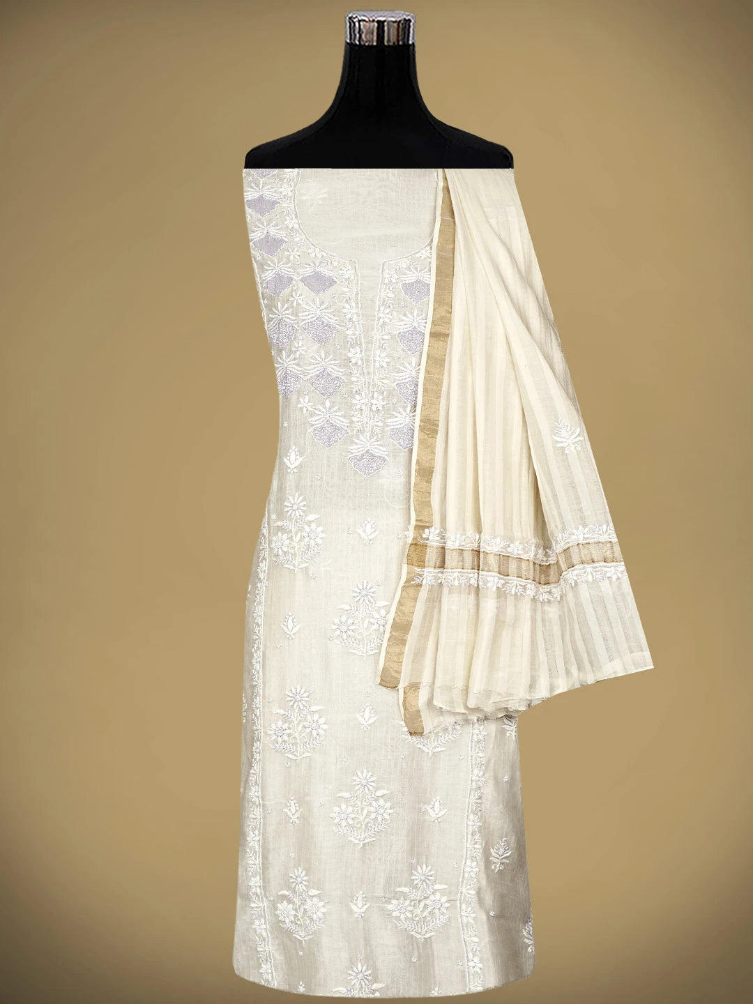 Ada Hand Embroidered White Chanderi Lucknowi Chikankari Unstitched Kurta Dupatta Set With Cutdana Work 01A897596