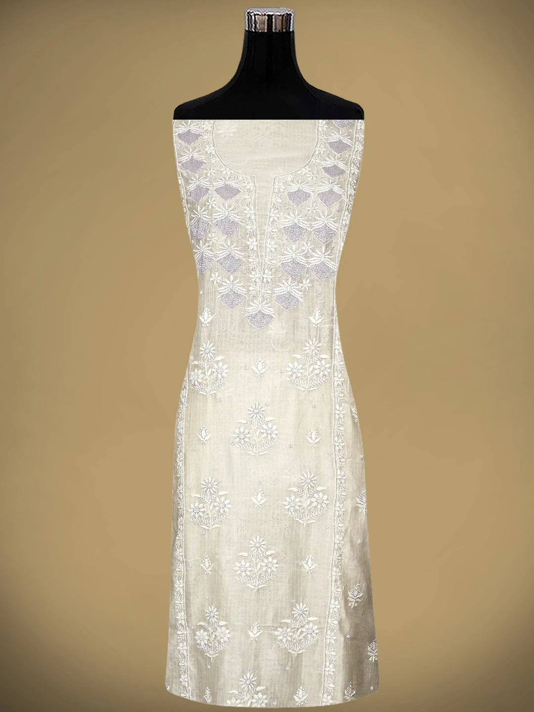 Ada Hand Embroidered White Chanderi Lucknowi Chikankari Unstitched Kurta Dupatta Set With Cutdana Work 01A897596