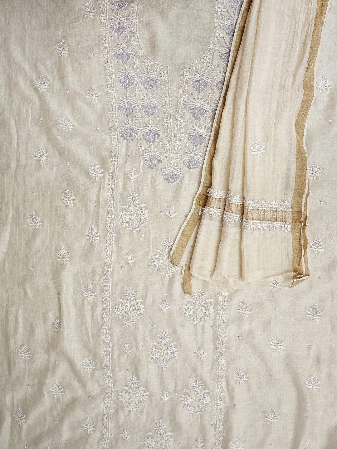 Ada Hand Embroidered White Chanderi Lucknowi Chikankari Unstitched Kurta Dupatta Set With Cutdana Work 01A897596
