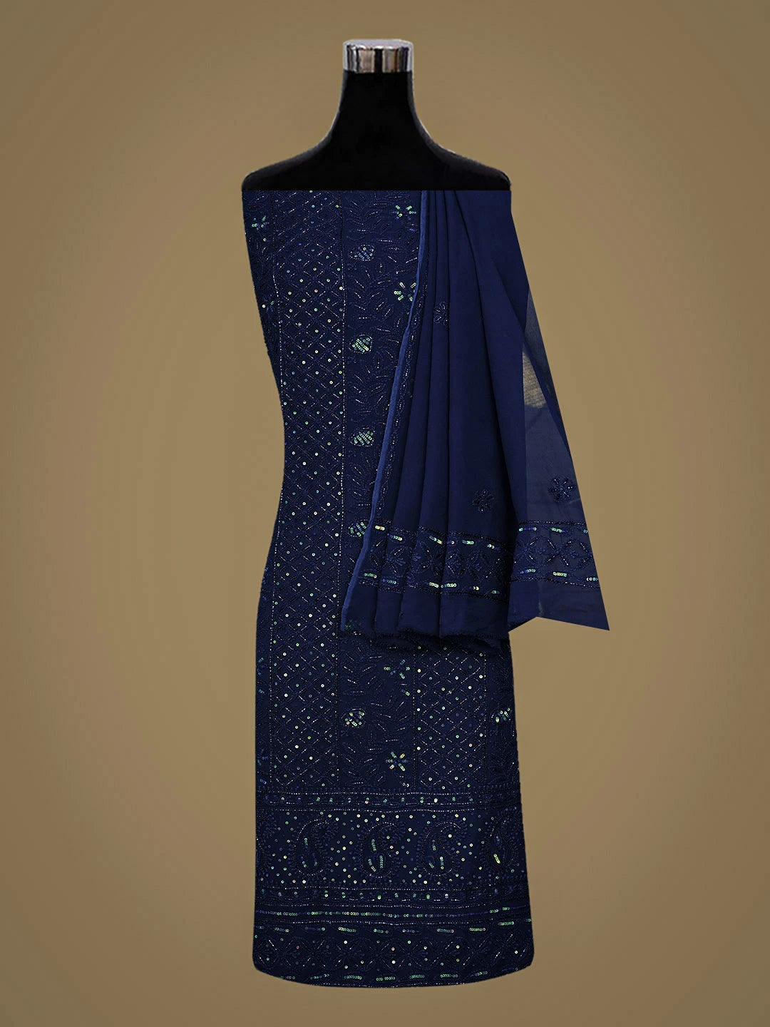 Ada Hand Embroidered Royal Blue Viscose Georgette Lucknowi Chikankari Unstitched Kurta Dupatta Set With Cutdana Work 01A884332
