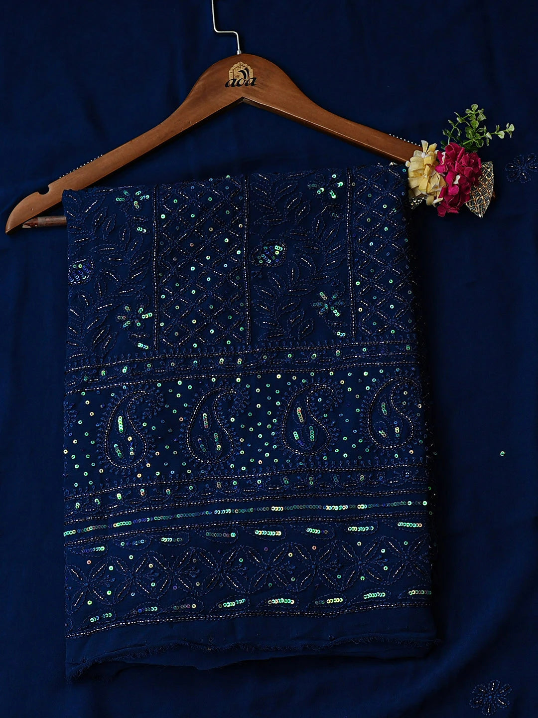 Ada Hand Embroidered Royal Blue Viscose Georgette Lucknowi Chikankari Unstitched Kurta Dupatta Set With Cutdana Work 01A884332