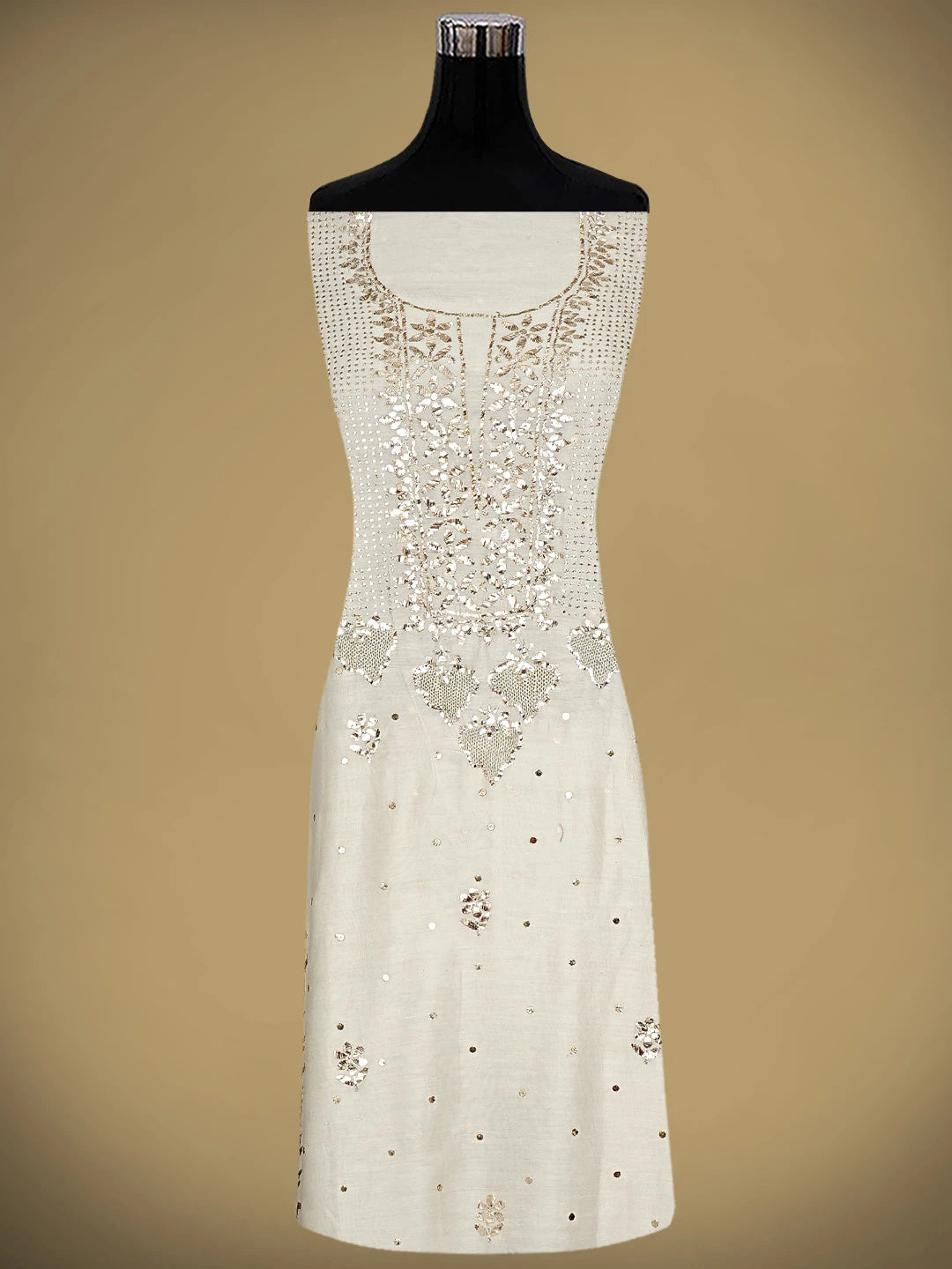 Ada Hand Embroidered White Old Lace Chanderi Lucknowi Chikankari Unstitched Kurta Dupatta Set With Muqaish Work 01A913463
