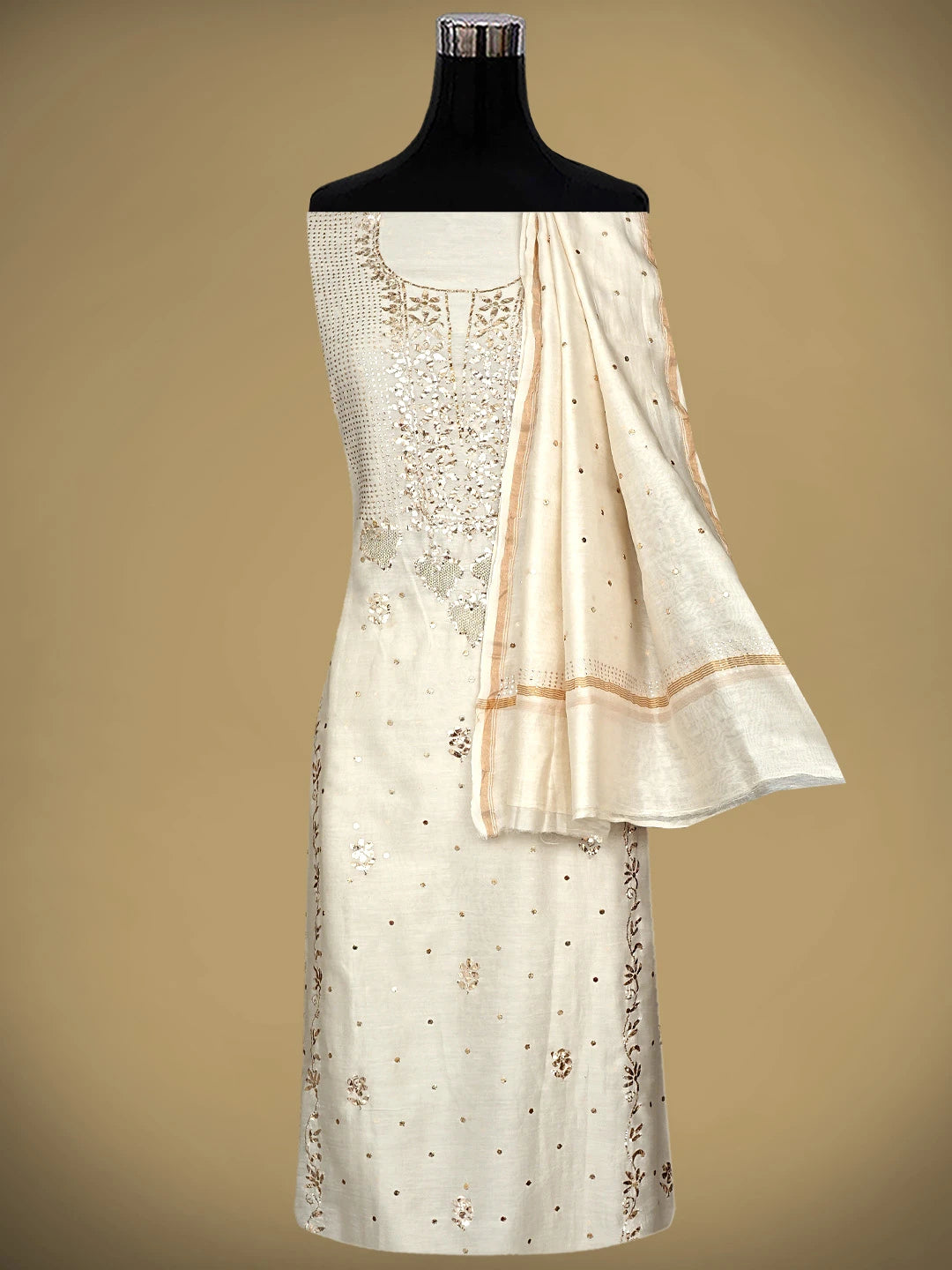 Ada Hand Embroidered White Old Lace Chanderi Lucknowi Chikankari Unstitched Kurta Dupatta Set With Muqaish Work 01A913463