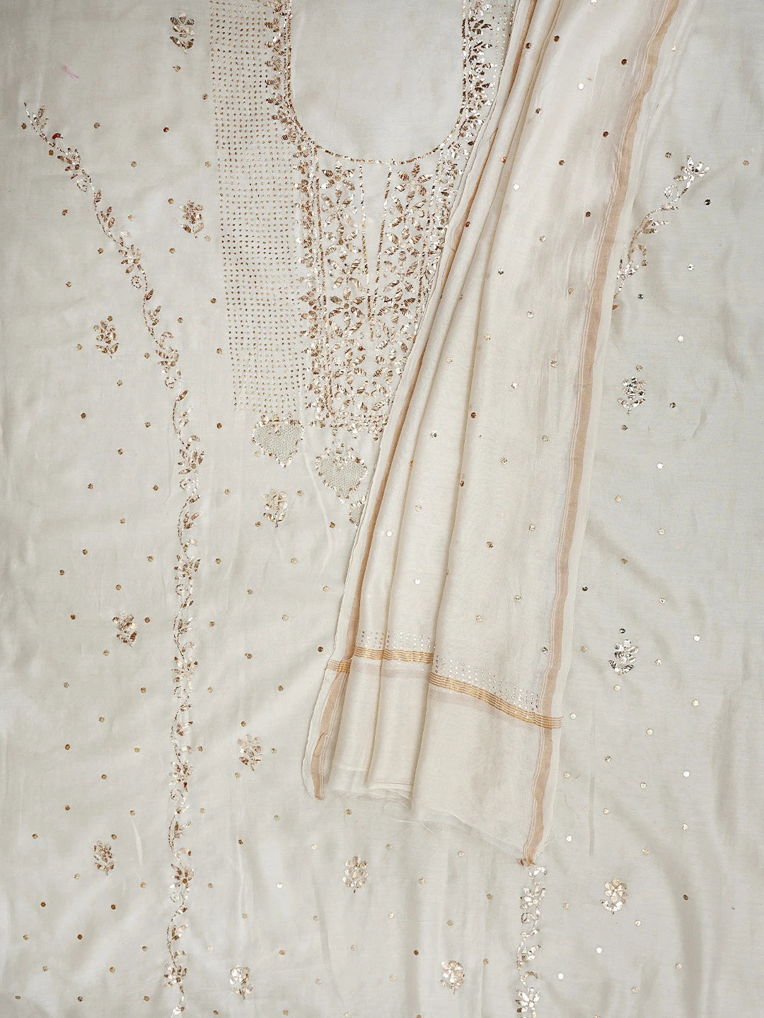 Ada Hand Embroidered White Old Lace Chanderi Lucknowi Chikankari Unstitched Kurta Dupatta Set With Muqaish Work 01A913463