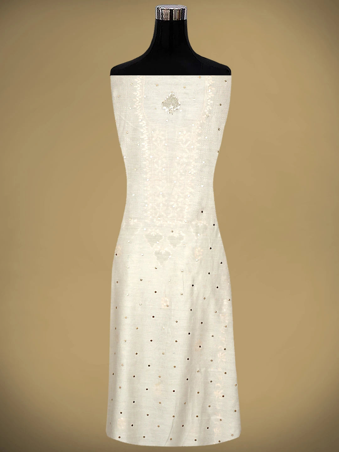 Ada Hand Embroidered White Old Lace Chanderi Lucknowi Chikankari Unstitched Kurta Dupatta Set With Muqaish Work 01A913463