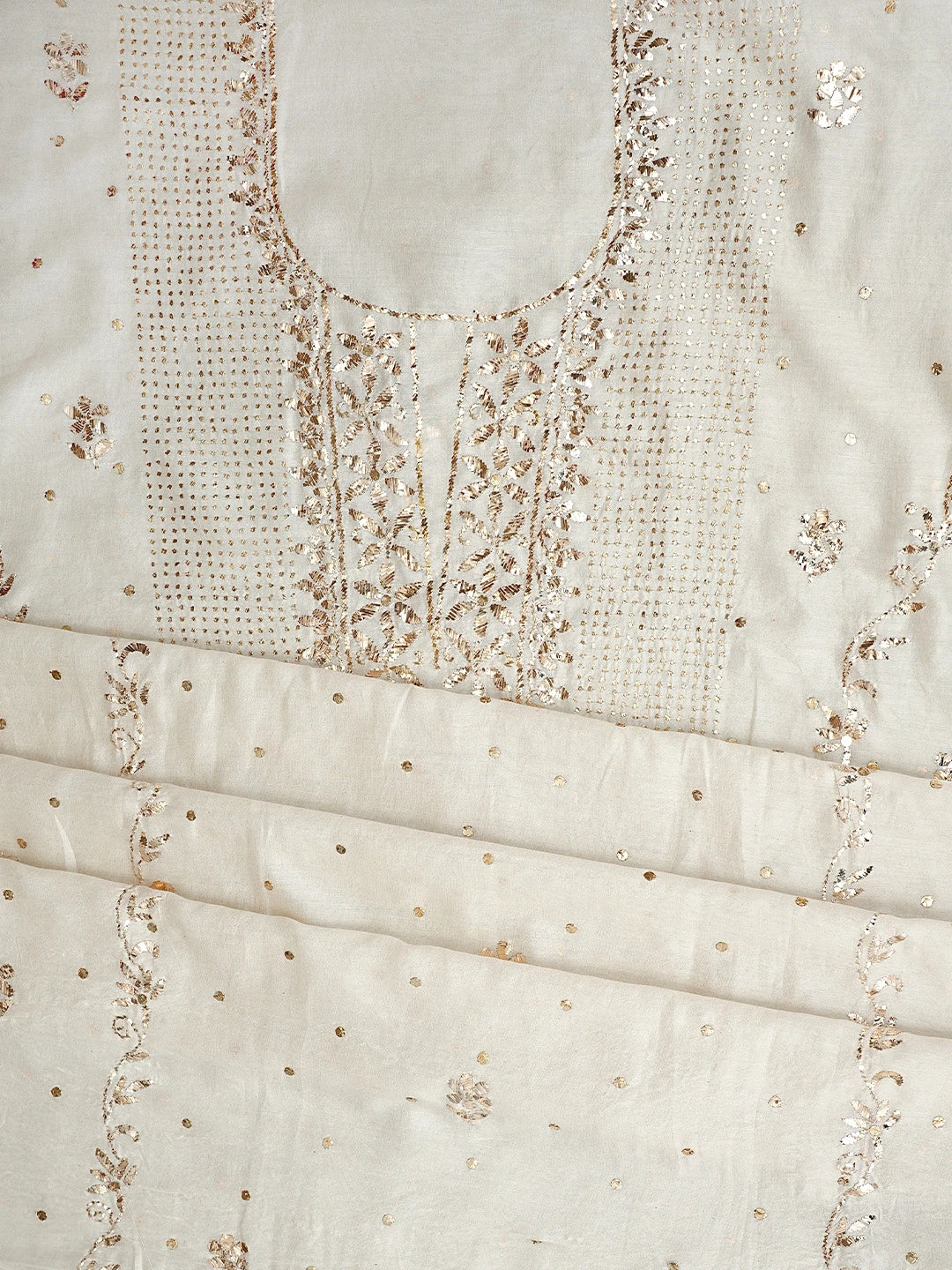 Ada Hand Embroidered White Old Lace Chanderi Lucknowi Chikankari Unstitched Kurta Dupatta Set With Muqaish Work 01A913463