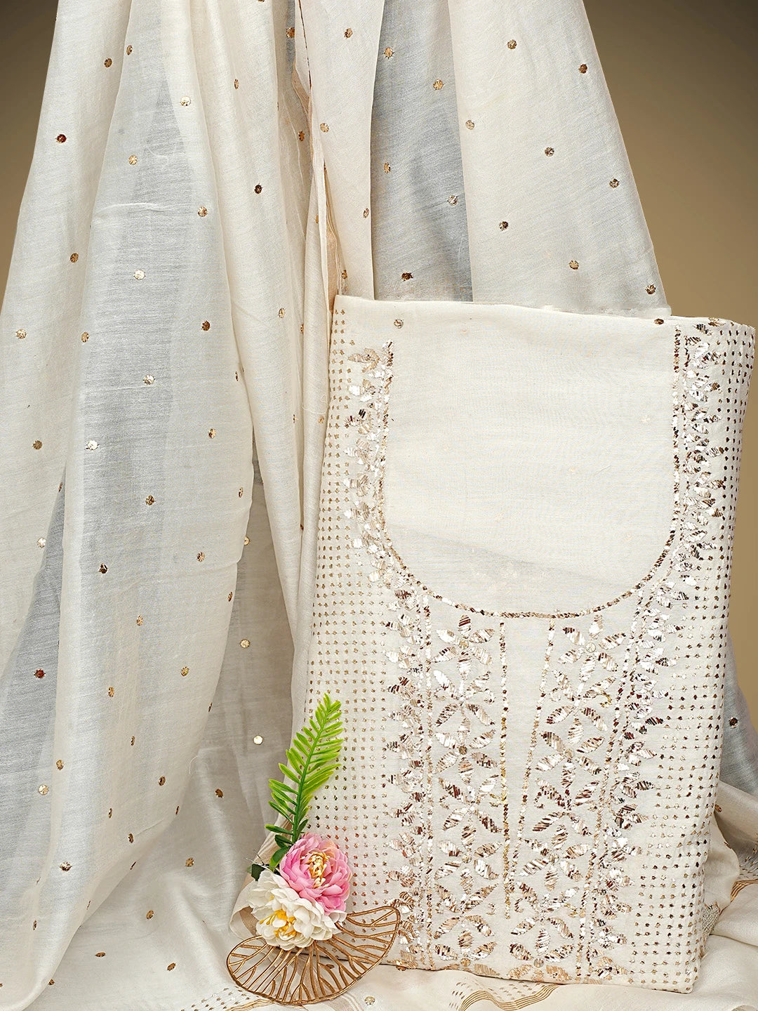 Ada Hand Embroidered White Old Lace Chanderi Lucknowi Chikankari Unstitched Kurta Dupatta Set With Muqaish Work 01A913463