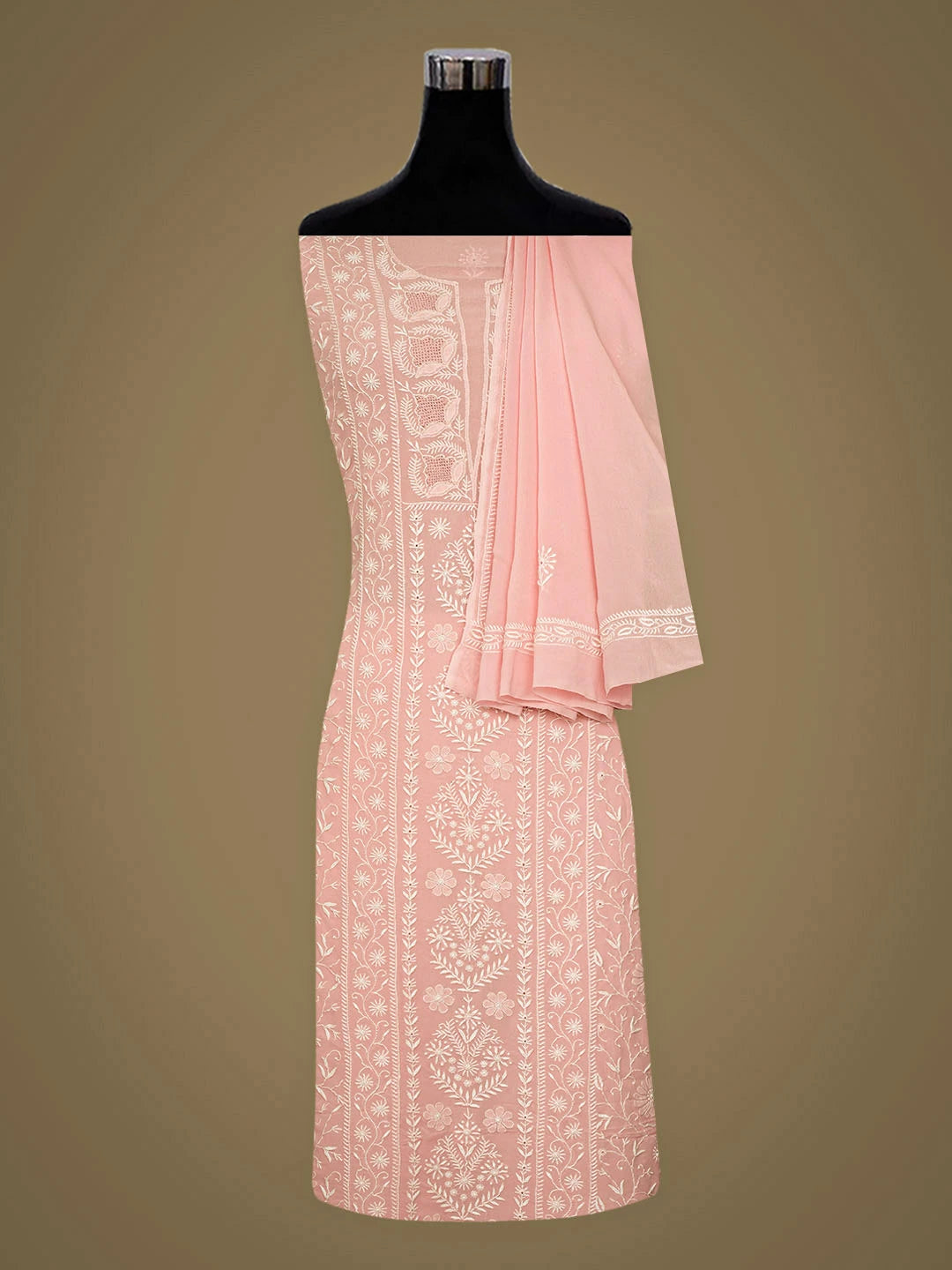 Ada Hand Embroidered Pastel Peach Viscose Georgette Lucknowi Chikankari Unstitched Kurta Dupatta Set 01A961960