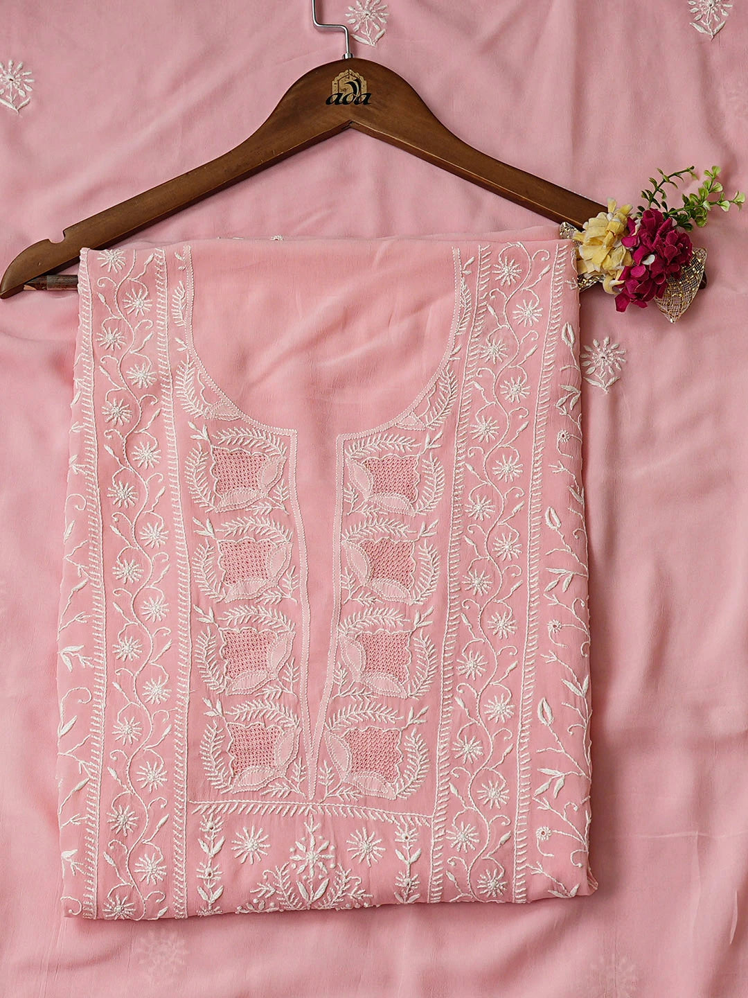 Ada Hand Embroidered Pastel Peach Viscose Georgette Lucknowi Chikankari Unstitched Kurta Dupatta Set 01A961960