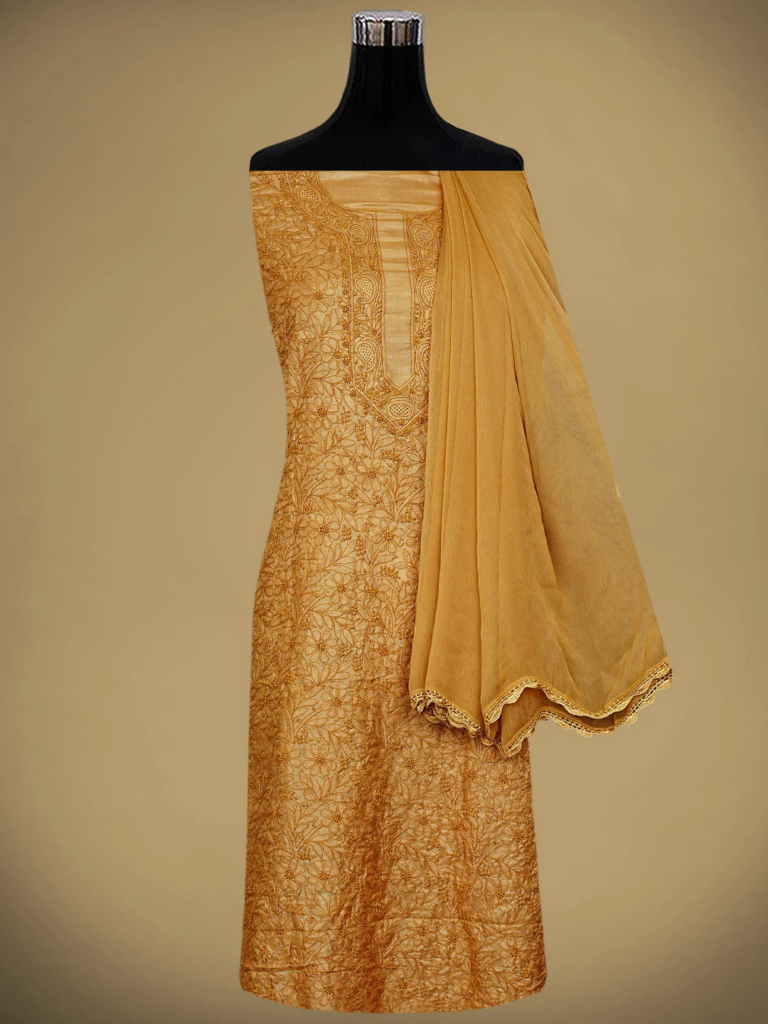 Ada Hand Embroidered Sunlit Clay Brown Silk Lucknowi Chikankari Unstitched Suit Piece 01A965335