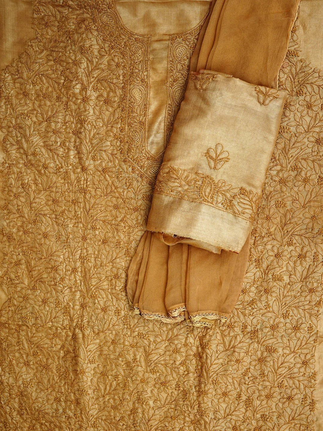 Ada Hand Embroidered Sunlit Clay Brown Silk Lucknowi Chikankari Unstitched Suit Piece 01A965335