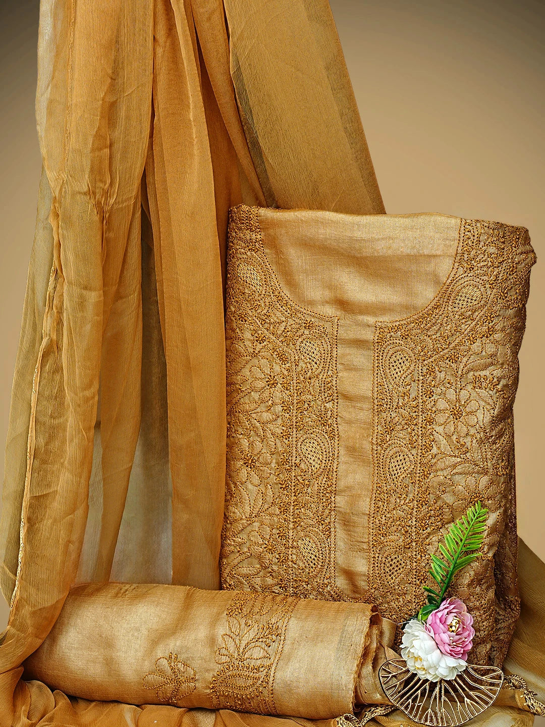 Ada Hand Embroidered Sunlit Clay Brown Silk Lucknowi Chikankari Unstitched Suit Piece 01A965335