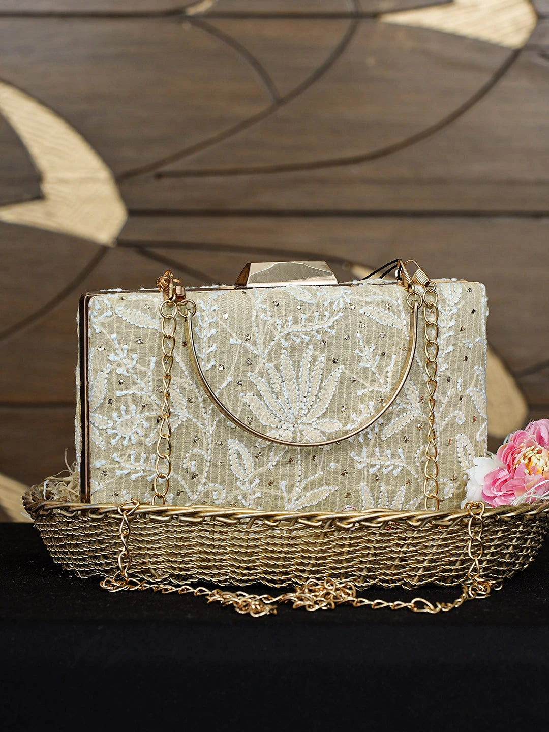 Ada Hand Embroidered Fawn Silk Lucknowi Chikankari Clutch With Zari Work 01A758994