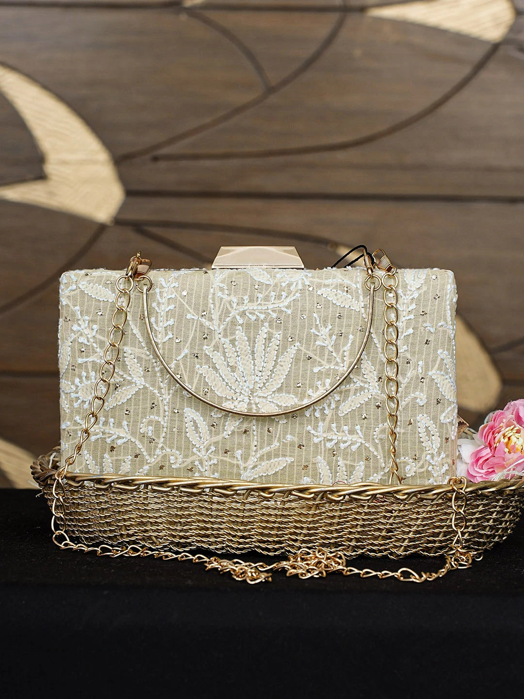 Ada Hand Embroidered Fawn Silk Lucknowi Chikankari Clutch With Zari Work 01A758994