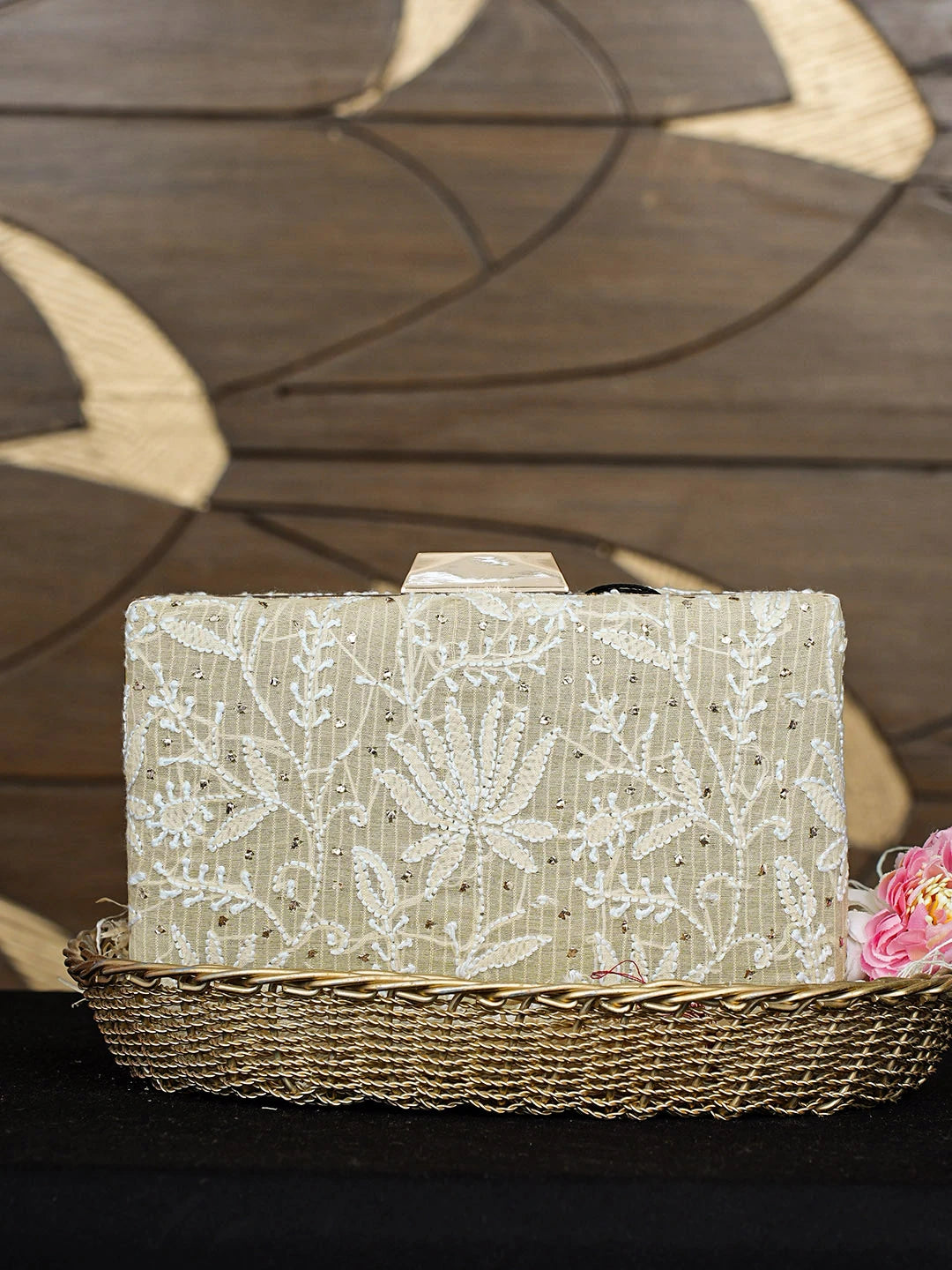 Ada Hand Embroidered Fawn Silk Lucknowi Chikankari Clutch With Zari Work 01A758994