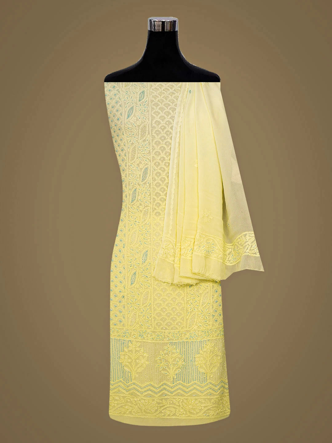 Ada Hand Embroidered Lemon Viscose Gerogette Lucknowi Chikankari Unstitched Kurta Dupatta Set With Cutdana Work 01A816526