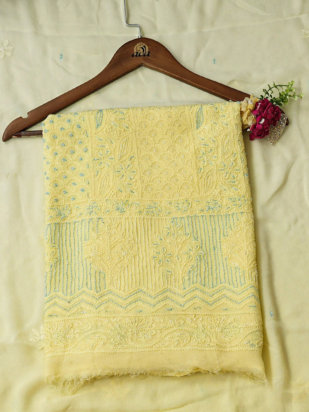 Ada Hand Embroidered Lemon Viscose Gerogette Lucknowi Chikankari Unstitched Kurta Dupatta Set With Cutdana Work 01A816526