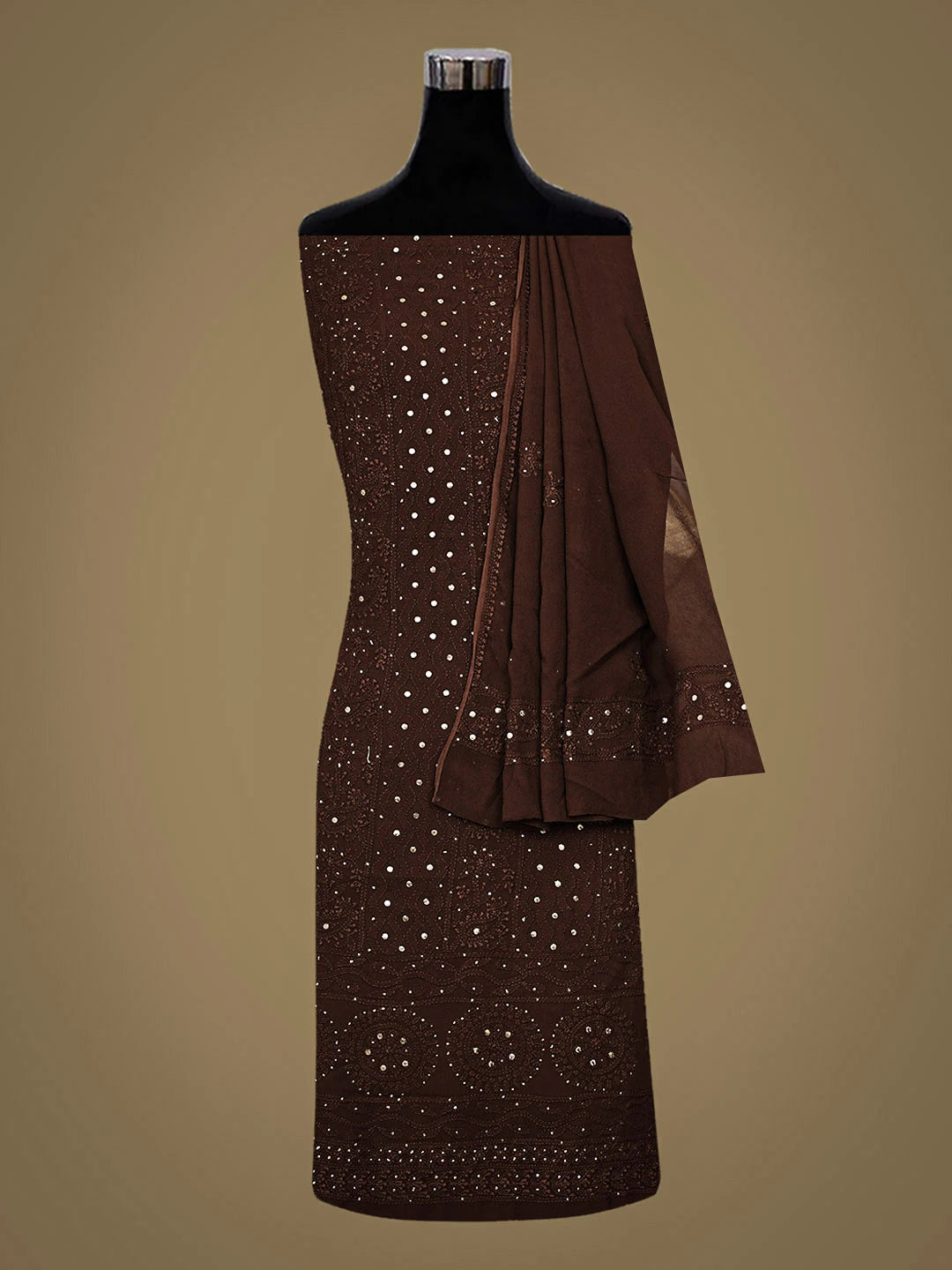 Ada Hand Embroidere Forest Brown Viscose Georgette Lucknowi Chikankari Unstitched Kurta Dupatta Set With Muqaish/Mukaish 01A889832