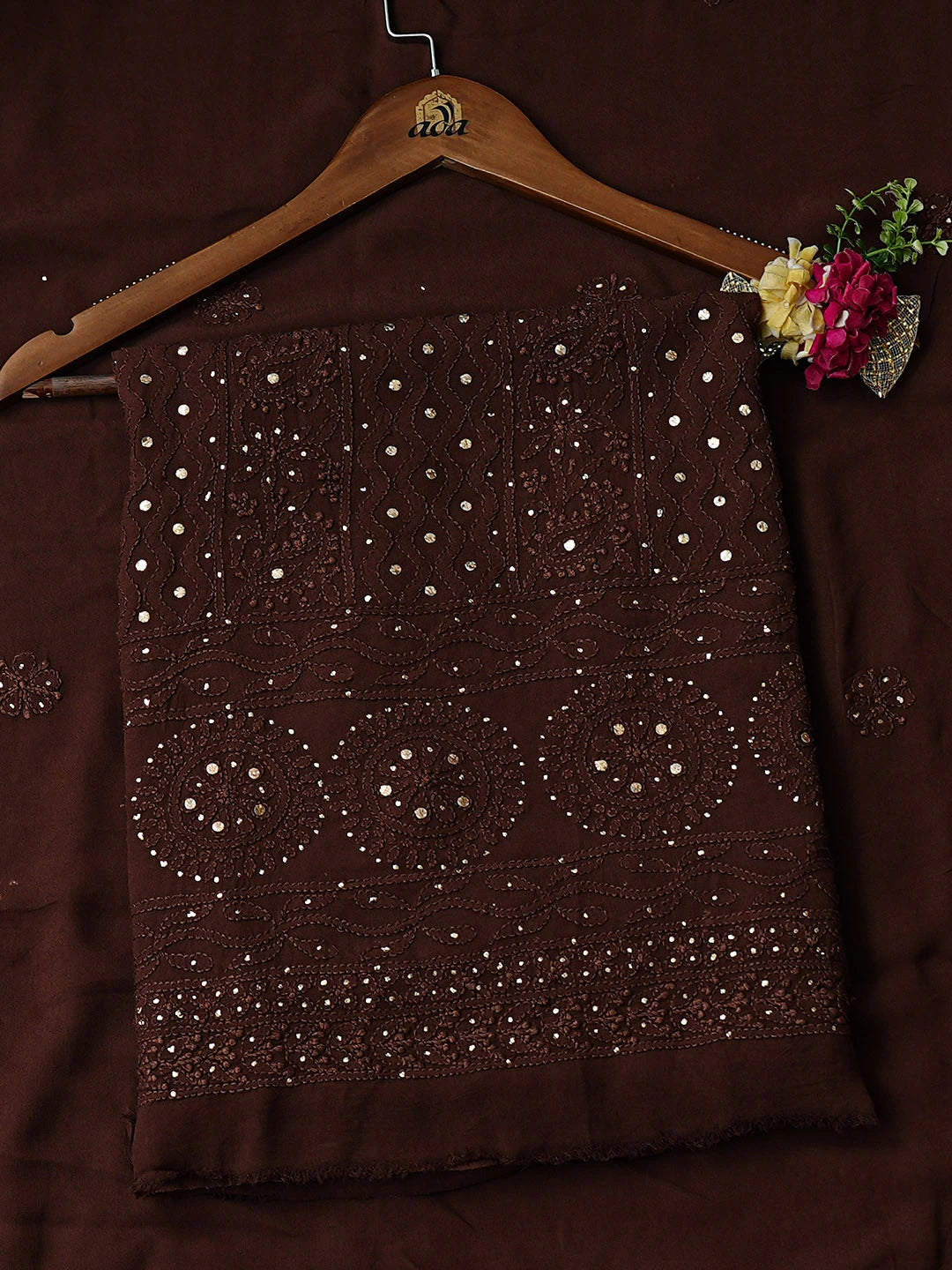 Ada Hand Embroidere Forest Brown Viscose Georgette Lucknowi Chikankari Unstitched Kurta Dupatta Set With Muqaish/Mukaish 01A889832