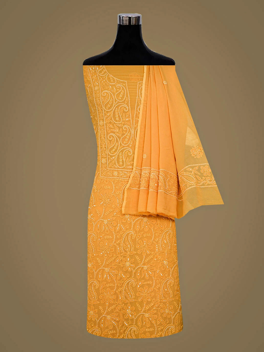 Ada Hand Embroidered Mustard Viscose Georgette Lucknowi Chikankari Unstitched Kurta Dupatta Set With Cutdana Work 01A933277