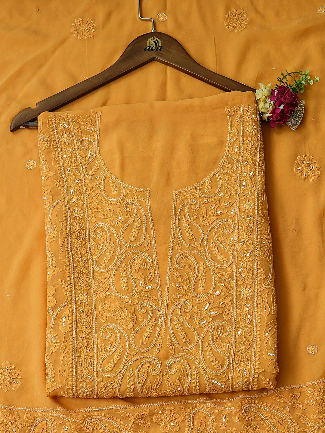 Ada Hand Embroidered Mustard Viscose Georgette Lucknowi Chikankari Unstitched Kurta Dupatta Set With Cutdana Work 01A933277