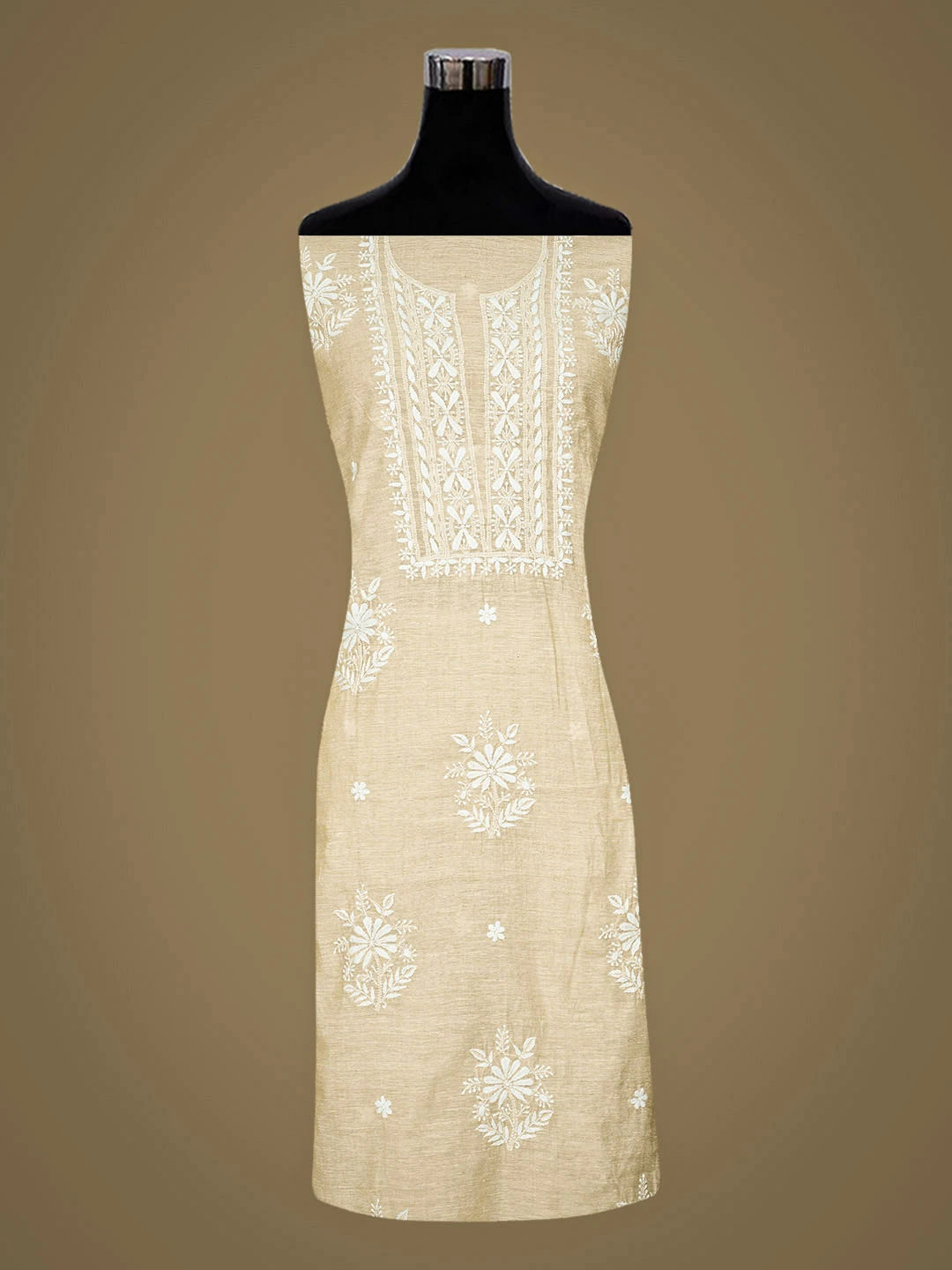 Ada Hand Embroidered Fawn Khadi Chanderi Lucknowi Chikankari Unstitched Kurta Dupatta Set 01A888680