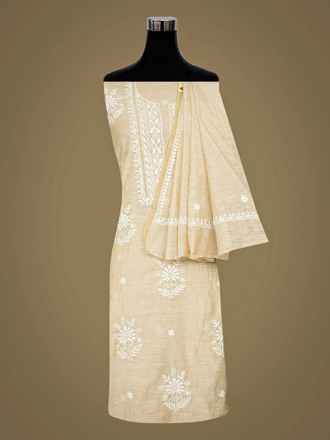 Ada Hand Embroidered Fawn Khadi Chanderi Lucknowi Chikankari Unstitched Kurta Dupatta Set 01A888680