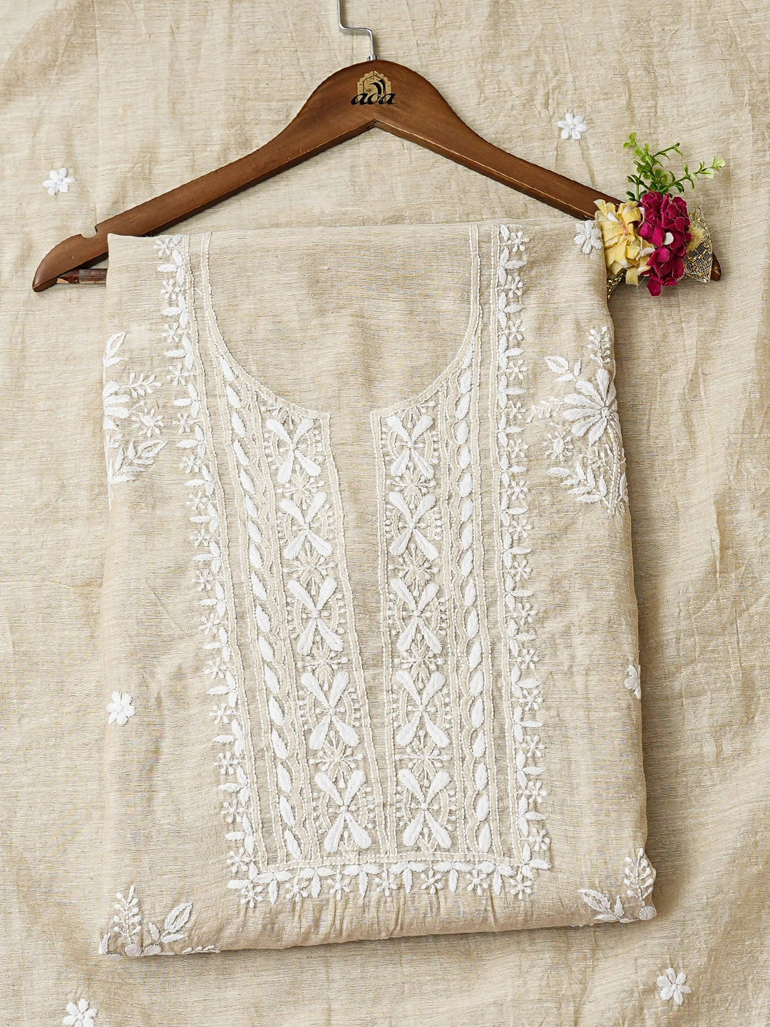 Ada Hand Embroidered Fawn Khadi Chanderi Lucknowi Chikankari Unstitched Kurta Dupatta Set 01A888680