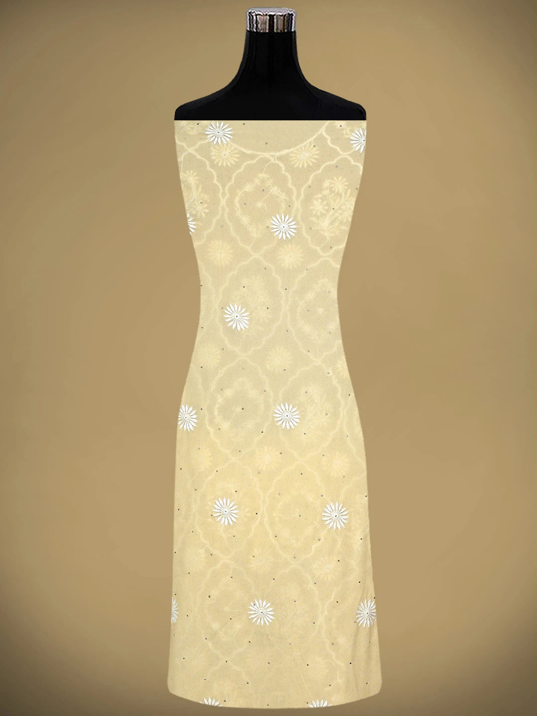 Ada Hand Embroidered Cream Pure Georgette Lucknowi Chikankari Unstitched Kurta Dupatta Set With Muqaish/Mukaish Work 01A395397