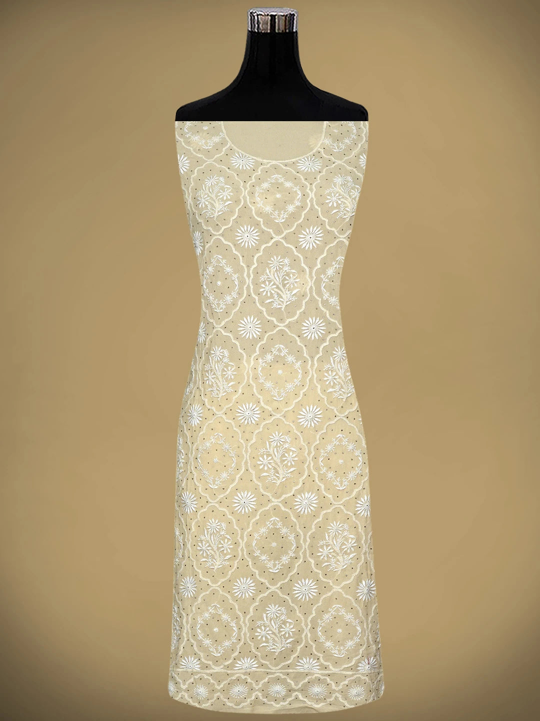 Ada Hand Embroidered Cream Pure Georgette Lucknowi Chikankari Unstitched Kurta Dupatta Set With Muqaish/Mukaish Work 01A395397