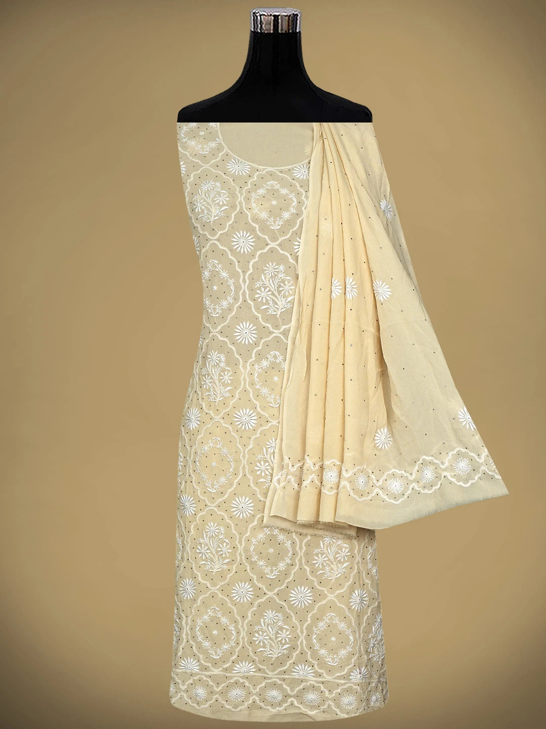 Ada Hand Embroidered Cream Pure Georgette Lucknowi Chikankari Unstitched Kurta Dupatta Set With Muqaish/Mukaish Work 01A395397