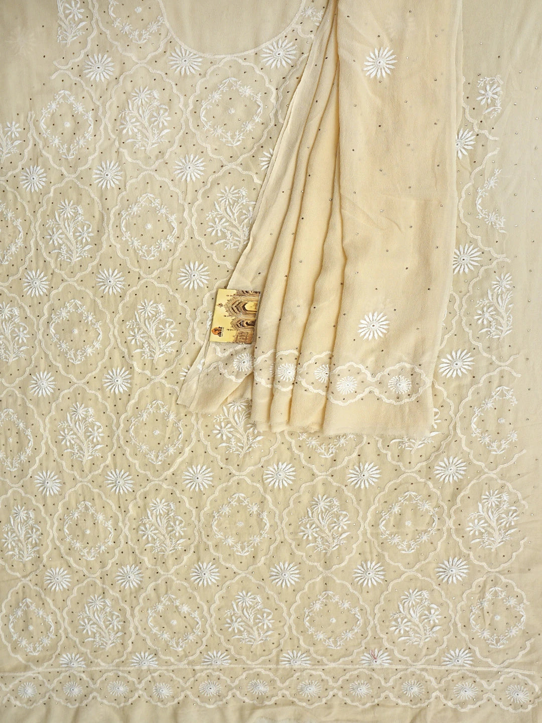Ada Hand Embroidered Cream Pure Georgette Lucknowi Chikankari Unstitched Kurta Dupatta Set With Muqaish/Mukaish Work 01A395397