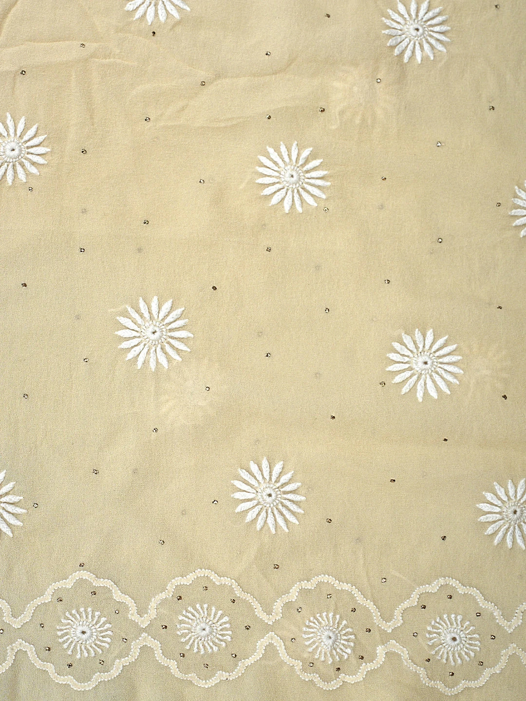 Ada Hand Embroidered Cream Pure Georgette Lucknowi Chikankari Unstitched Kurta Dupatta Set With Muqaish/Mukaish Work 01A395397