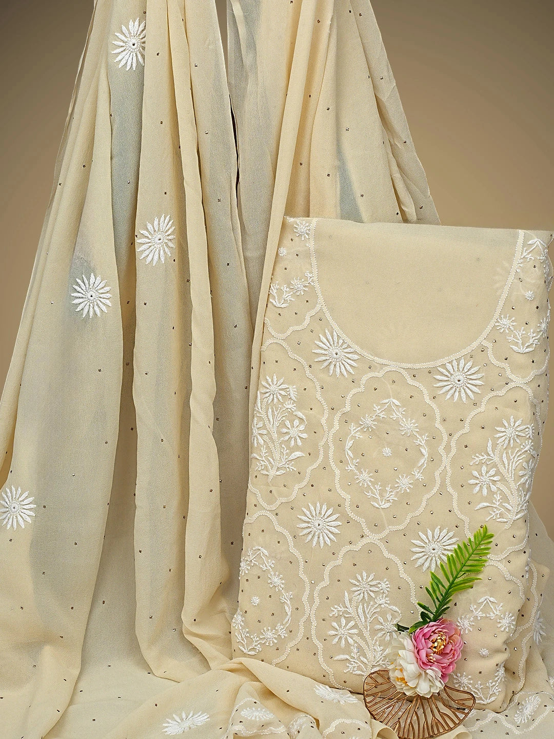 Ada Hand Embroidered Cream Pure Georgette Lucknowi Chikankari Unstitched Kurta Dupatta Set With Muqaish/Mukaish Work 01A395397