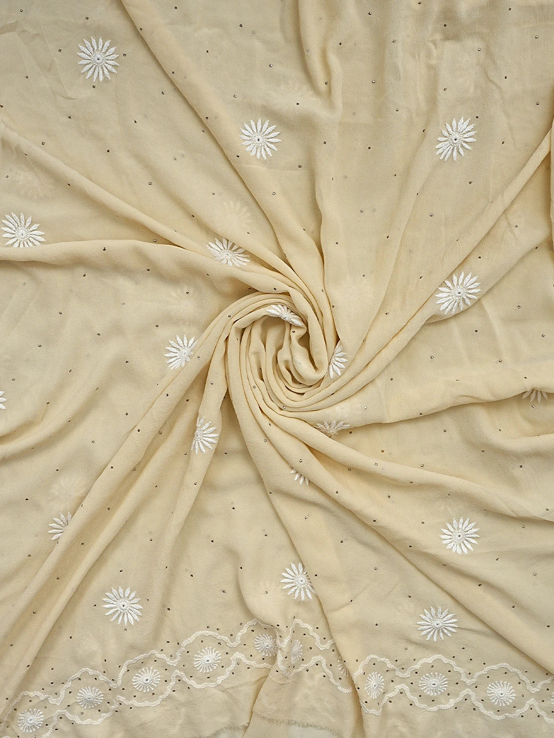 Ada Hand Embroidered Cream Pure Georgette Lucknowi Chikankari Unstitched Kurta Dupatta Set With Muqaish/Mukaish Work 01A395397